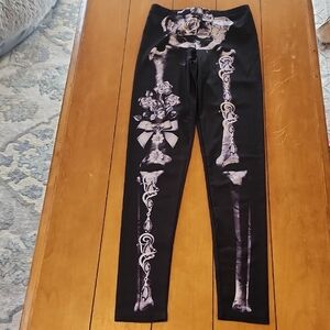 Black Leggings with White Skeleton & Rose Print